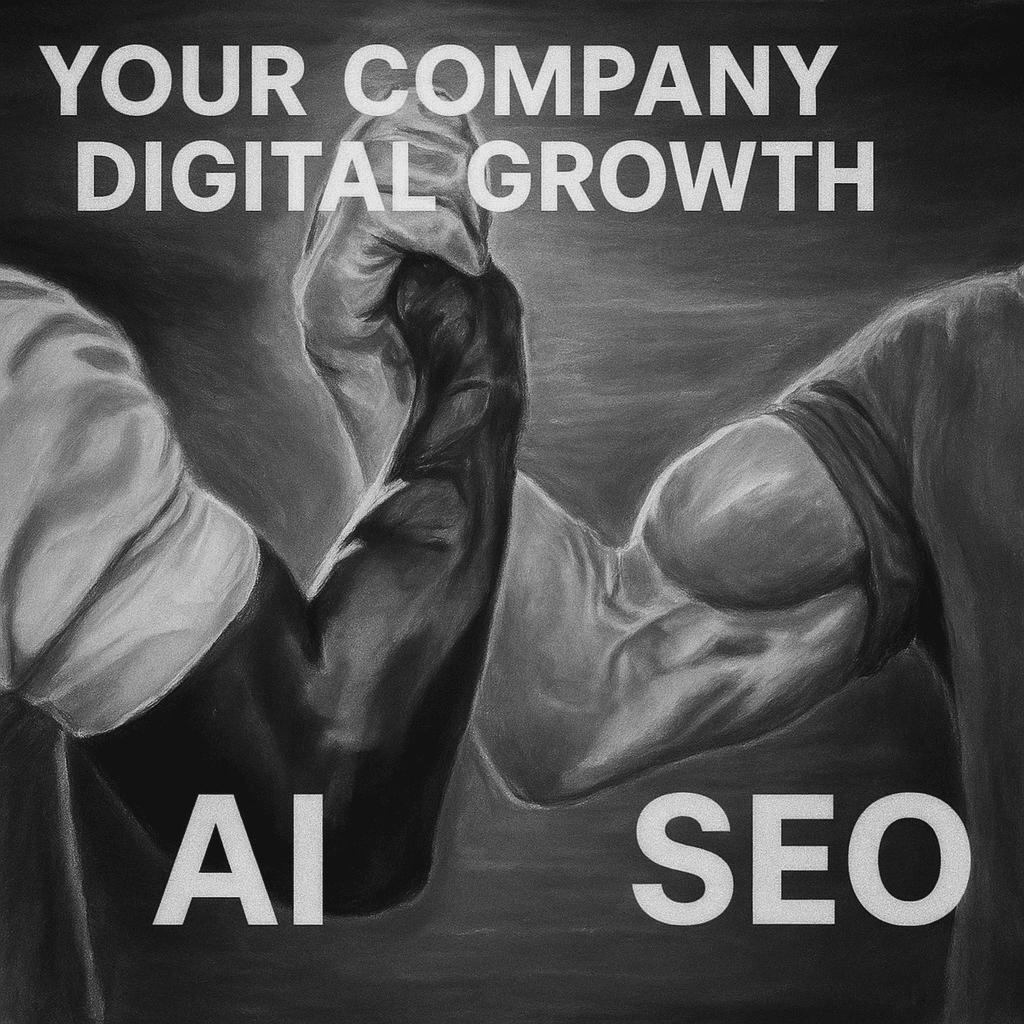 Black and white image of two muscular arms labeled "AI" and "SEO" clasping hands, with "YOUR COMPANY DIGITAL GROWTH" above them.