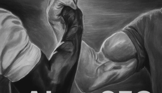 Black and white image of two muscular arms labeled "AI" and "SEO" clasping hands, with "YOUR COMPANY DIGITAL GROWTH" above them.